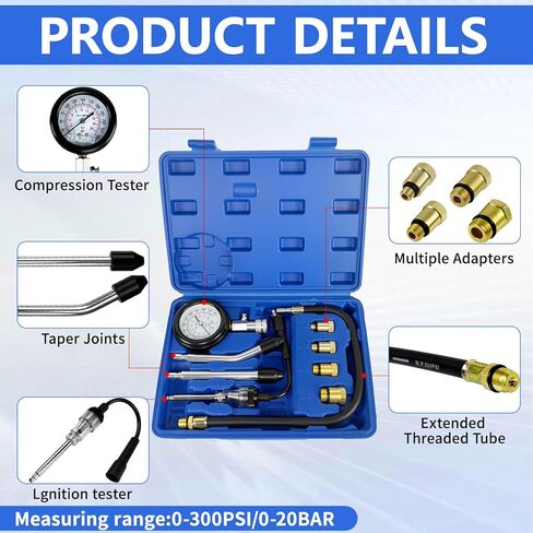 Engine Compression Tester Kit with Spark Plug Tester, 300 PSI Gauge, Flexible Hose, Straight & Curved Rubber Cone Adapters, Brass Thread Adapters for Car Motorcycle Small Gas Engines (Blue) in Kuwait