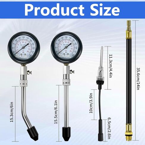 Engine Compression Tester Kit with Spark Plug Tester, 300 PSI Gauge, Flexible Hose, Straight & Curved Rubber Cone Adapters, Brass Thread Adapters for Car Motorcycle Small Gas Engines (Blue) in Kuwait