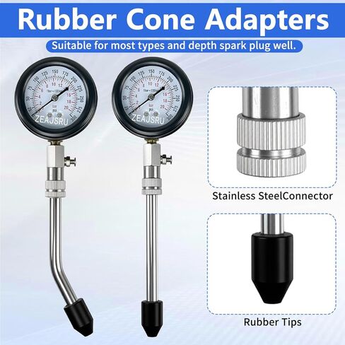 Engine Compression Tester Kit with Spark Plug Tester, 300 PSI Gauge, Flexible Hose, Straight & Curved Rubber Cone Adapters, Brass Thread Adapters for Car Motorcycle Small Gas Engines (Blue) in Kuwait