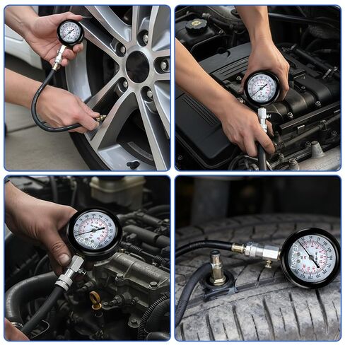 Engine Compression Tester Kit with Spark Plug Tester, 300 PSI Gauge, Flexible Hose, Straight & Curved Rubber Cone Adapters, Brass Thread Adapters for Car Motorcycle Small Gas Engines (Blue) in Kuwait