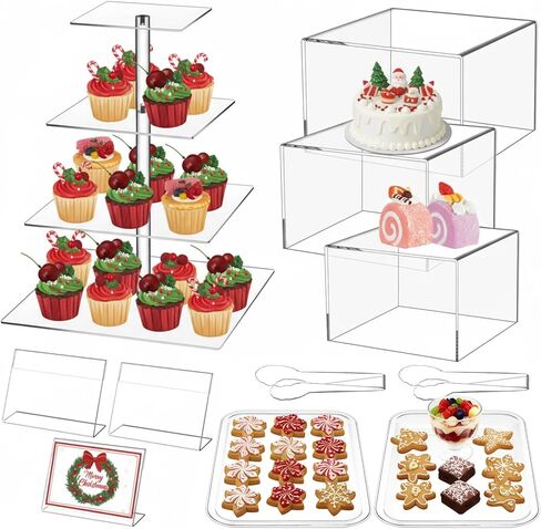 Ripeng 11 Pack Dessert Table Display Set Risers Display Stands, 3 Pcs Buffet Risers, 4 Tier Dessert Stands, 2 Serving Trays, 3 Mini Signs and 2 Serving Tongs for Christmas Birthday Party in Saudi Arabia