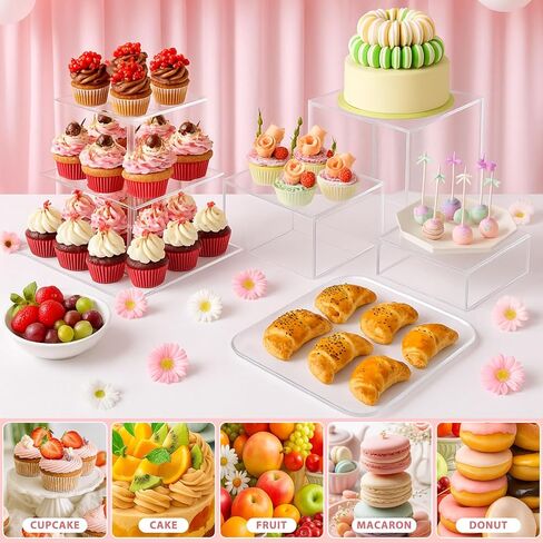 Ripeng 11 Pack Dessert Table Display Set Risers Display Stands, 3 Pcs Buffet Risers, 4 Tier Dessert Stands, 2 Serving Trays, 3 Mini Signs and 2 Serving Tongs for Christmas Birthday Party in Saudi Arabia
