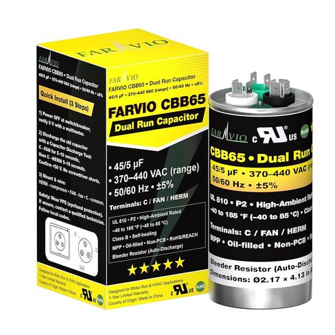 FARVIO-CBB65B-AC-Capacitor 45/5 MFD ±5% 370/440V تشغيل مزدوج لمضخة التيار المتردد/الحرارة، استبدال DIY لمكثفات HVAC، معترف بها من UL، تصنيف درجة الحرارة العالية 185 درجة فهرنهايت، تفريغ تلقائي، تصنيف P2، شفاء ذاتي in Saudi Arabia