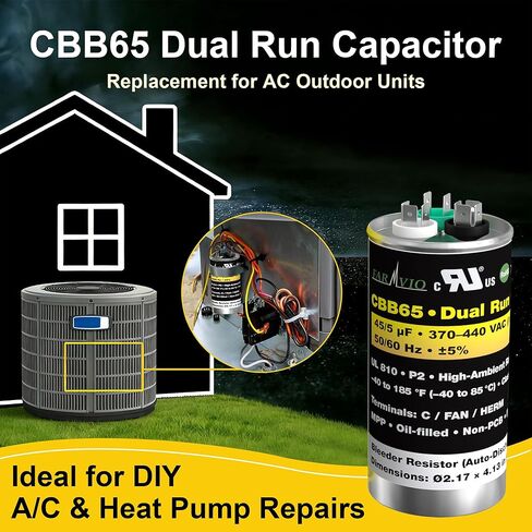 FARVIO-CBB65B-AC-Capacitor 45/5 MFD ±5% 370/440V تشغيل مزدوج لمضخة التيار المتردد/الحرارة، استبدال DIY لمكثفات HVAC، معترف بها من UL، تصنيف درجة الحرارة العالية 185 درجة فهرنهايت، تفريغ تلقائي، تصنيف P2، شفاء ذاتي in Saudi Arabia