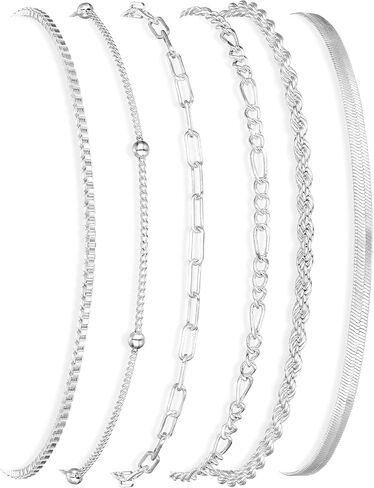 أساور ذهبية/فضية للنساء، أساور مطلية بالذهب الحقيقي عيار 14 قيراط، مجموعة مجوهرات عصرية قابلة للتكديس سلسلة ثعبان فيجارو مشبك ورق، سلسلة ربط قابلة للتعديل، حزمة أساور للنساء in Kuwait