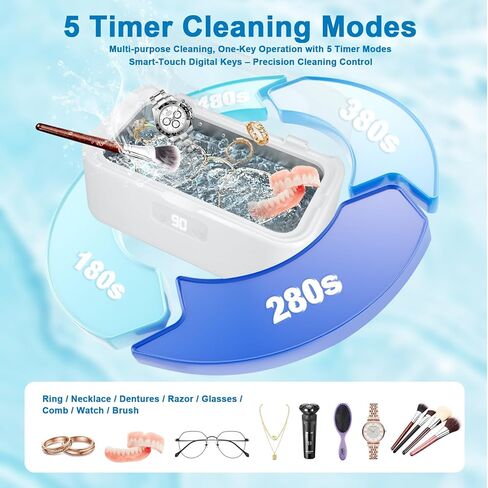Ultrasonic Jewelry Cleaner – 49kHz 40W Professional Sonic Cleaner, 27oz 304 Stainless Steel Tank, 5 Modes Digital Timer, Ultra-Quiet for Eyeglasses, Watches, Dentures & Rings in Kuwait