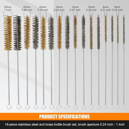 16pcs Brass & Stainless Steel Wire Tube Brush Set, 30.5cm/12in Long Bore Brushes for Deep Cleaning Engine Parts Pipes Tubes Auto Cleaning HVAC Industrial Machinery (6mm/0.24in-25mm/1in) in Saudi Arabia