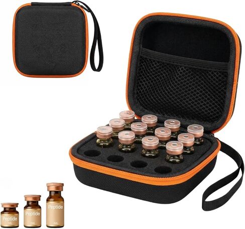 16 Slot Peptide Vial Case for Fridge - Small Insulin Vial Organizer Storage for 1-3ml Vials, GLP-1, Peptides, Hard Shell Travel Case with Hand Strap, Black with Orange Zipper in Saudi Arabia