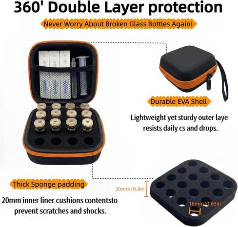 16 Slot Peptide Vial Case for Fridge - Small Insulin Vial Organizer Storage for 1-3ml Vials, GLP-1, Peptides, Hard Shell Travel Case with Hand Strap, Black with Orange Zipper in Saudi Arabia
