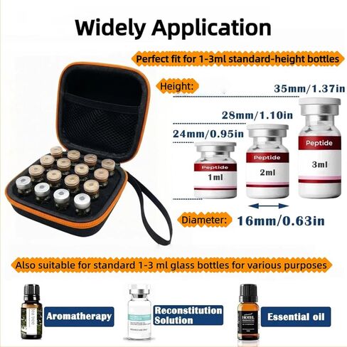 16 Slot Peptide Vial Case for Fridge - Small Insulin Vial Organizer Storage for 1-3ml Vials, GLP-1, Peptides, Hard Shell Travel Case with Hand Strap, Black with Orange Zipper in Saudi Arabia