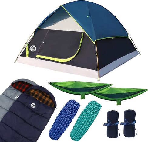 Northroad 9PCS Camping Tent Kit, Including 1 2/3 Person Dome Tent, 2 Sleeping Bag, 2 Sleeping Pad/Camping Mat, 2 Single Camping Hammock with 2 Tree Straps, 2 Lightweight Fuzzy Bed Blanket in Kuwait