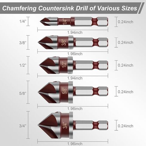 5PCS Countersink Drill Bit Set, 82 Degree HSS Counter Sink Drill Bit for Wood, Metal, Plastic, 1/4"-3/4" with 1/4" Hex Shank Countersink Bit Set in Saudi Arabia