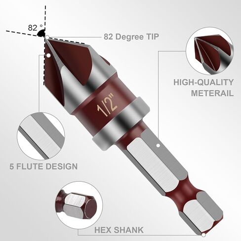 5PCS Countersink Drill Bit Set, 82 Degree HSS Counter Sink Drill Bit for Wood, Metal, Plastic, 1/4"-3/4" with 1/4" Hex Shank Countersink Bit Set in Saudi Arabia