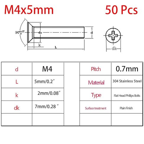 50 قطعة من براغي الماكينة ذات الرأس المسطح M4-0.7x5 مم، برغي فيليبس المتقاطع، محرك فيليبس، 304 من الفولاذ المقاوم للصدأ، مسامير تثبيت، براغي آلة غاطسة in Saudi Arabia