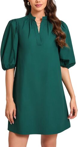 Women Babydoll Mini Dress Summer Casual Cotton V Neck Puff Lantern Sleeve Loose A Line Cute Dress in Saudi Arabia