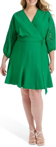 DKNY Women's Long Balloon Sleeve Surplice Neck Mini Eyelet Embroidery Belted Dress in Saudi Arabia