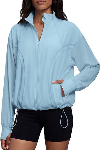 Locachy Women's Oversized Cropped Running Workout Jacket Casual Athletic Jacket Hiking Cycling Active Tops with Thumbholes in Saudi Arabia