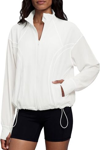 Locachy Women's Oversized Cropped Running Workout Jacket Casual Athletic Jacket Hiking Cycling Active Tops with Thumbholes in Saudi Arabia