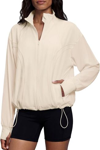Locachy Women's Oversized Cropped Running Workout Jacket Casual Athletic Jacket Hiking Cycling Active Tops with Thumbholes in Saudi Arabia