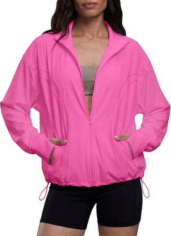 Locachy Women's Oversized Cropped Running Workout Jacket Casual Athletic Jacket Hiking Cycling Active Tops with Thumbholes in Saudi Arabia