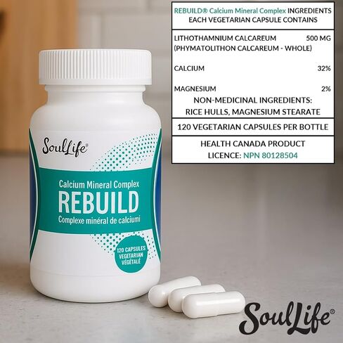 SoulLife Rebuild -Calcium Mineral Complex with Magnesium - Made with Lithothamnium Calcareum Seaweed - Plant-Based Daily Vitamins for Joint Support Supplement - 120 Vegetarian Capsules in Kuwait