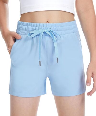 QooNoo شورت رياضي للفتيات مع جيوب، شورت جري خفيف الوزن، شورت مرن بخصر مطاطي، سريع الجفاف للأطفال في سن المراهقة in Kuwait