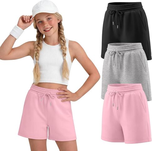 3 Pack Girls Shorts High Elastic Waist Drawstring Sweat Shorts Athletic Summer Casual Basic Pants with Pockets in Saudi Arabia