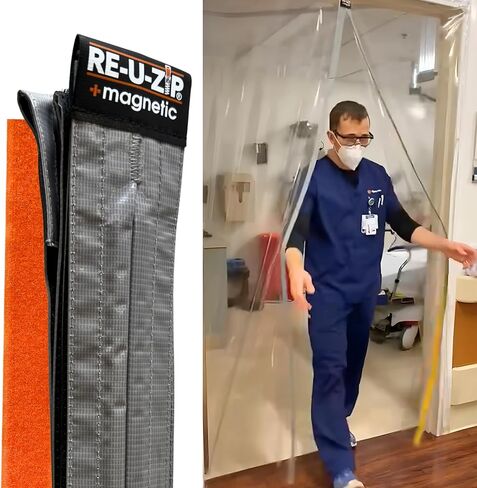 RE-U-ZIP® طقم باب شريط الدخول المغناطيسي فائق الوضوح ذاتي الإغلاق | مقاومة للهواء السلبي وموثوق بها في غرف الأبحاث والبناء وإعادة التصميم | فينيل FR قياسي 6 مل (3.4 × 7.2 قدم) in Kuwait