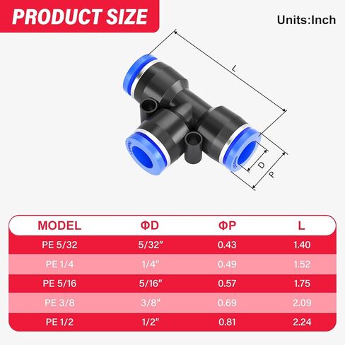 1/4 "OD Black Tee Push to Connect Tube Fittings Quick Connect Air Fitting PE-1/4 موصل قفل دفع هوائي (حزمة من 10) in Kuwait