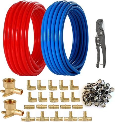 1/2 Inch PEX-B Pipe/Tool Kit: Blue & Red Each 100 Feet PEX Tubing with 62 Pack PEX Fittings - 40 Pcs Pex Stainless Steel Clamps, 2 Drop-Ear Elbow, 10 Elbow, 5 Tee, 5 Coupling in Saudi Arabia