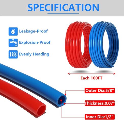 1/2 Inch PEX-B Pipe/Tool Kit: Blue & Red Each 100 Feet PEX Tubing with 62 Pack PEX Fittings - 40 Pcs Pex Stainless Steel Clamps, 2 Drop-Ear Elbow, 10 Elbow, 5 Tee, 5 Coupling in Saudi Arabia