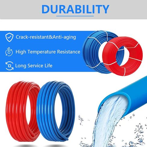 1/2 Inch PEX-B Pipe/Tool Kit: Blue & Red Each 100 Feet PEX Tubing with 62 Pack PEX Fittings - 40 Pcs Pex Stainless Steel Clamps, 2 Drop-Ear Elbow, 10 Elbow, 5 Tee, 5 Coupling in Saudi Arabia