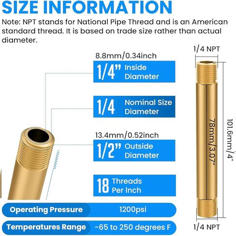SDTC Tech Brass Pipe Fitting Long Nipple, 1/4 NPT Male x 1/4 NPT Male Thread Cast Straight Extender Connector, 4" Length Brass Nipple for Fuel, Air, Water, Boat, Gas, Oil (1 PCS) in Saudi Arabia