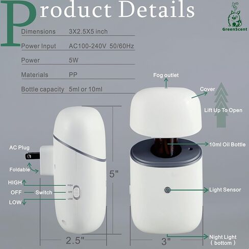 Waterless Essential Oil Diffuser : Plug in Diffuser for Bathroom, Bedroom, Living Room, Kitchen. Daily 12H Timer Intermittent Dry Mist, Fits 10ml Oil Bottles,(2026 New Model) in Saudi Arabia