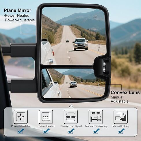 Tow Mirrors Compatible with 2014-2018 Chevy Silverado GMC Sierra, Extended Trailer Towing Side Mirrors with Sequential Switchback Turn Signal, Backup Light, Power Heated Adjustable, Black in Kuwait