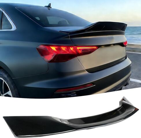 جناح سبويلر خلفي STSEV01 متوافق مع Audi A3 S3 RS3 8V 2014-2020 سيدان 1.8T/ 2.0T/ S line/Premium/Prestige/Tech Premium، ملحقات خارجية للشفاه باللون الأسود اللامع على شكل R in Kuwait
