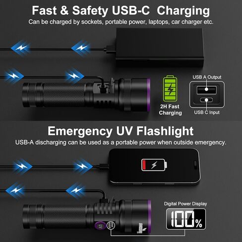 365nm UV Flashlight with Filter Lens - 30w Powerful Black Light Flashlight Rechargeable Ultraviolet Blacklight for Pet Urine Detection/Resin Curing/Rocks/Scorpion/Blood Tracking etc., with LCD Display in Saudi Arabia