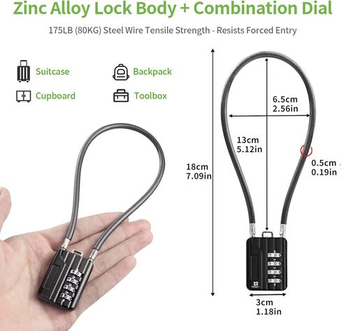 قفل كابل مكون من 4 أرقام، قفل فولاذي مرن قابل لإعادة الضبط مقاس 12 بوصة للأمتعة، الخزانة، حقيبة السفر، الخزانة، صندوق الأدوات، الخوذة - أسود in Kuwait