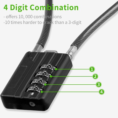قفل كابل مكون من 4 أرقام، قفل فولاذي مرن قابل لإعادة الضبط مقاس 12 بوصة للأمتعة، الخزانة، حقيبة السفر، الخزانة، صندوق الأدوات، الخوذة - أسود in Kuwait