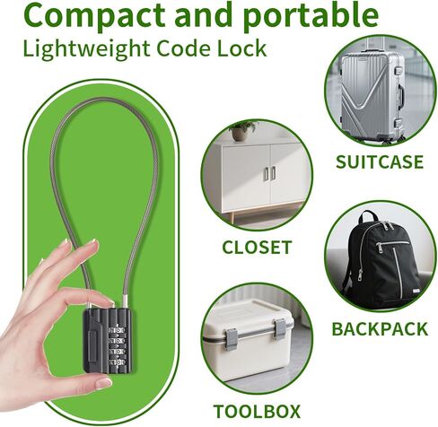 قفل كابل مكون من 4 أرقام، قفل فولاذي مرن قابل لإعادة الضبط مقاس 12 بوصة للأمتعة، الخزانة، حقيبة السفر، الخزانة، صندوق الأدوات، الخوذة - أسود in Kuwait