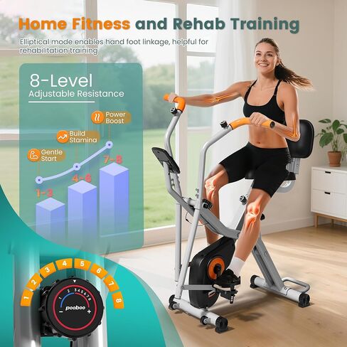 pooboo Foldable Exercise Bike, Stationary Bike with Elliptical Mode, 8 Level Magnetic Resistance, Silent Bike for Home Indoor, Fitness and Rehab Training, Adjustable Seat&Handrail, LCD monitor, 300LBS in Kuwait