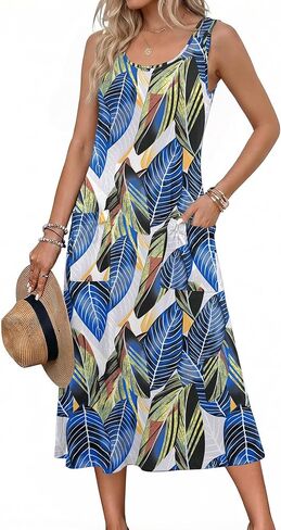 Zeagoo Women's Summer Sleeveless Dress Floral Beach Sundress Casual Crewneck High Waist A-Line Midi Tank Dresses with Pockets in Saudi Arabia