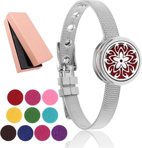 Essential Oil Diffuser Bracelet with Gift Box Aromatherapy Locket Adjustable Stainless Steel Flowers Watch Chain Bracelet with 10 Pcs Refill Pads for Women in Kuwait