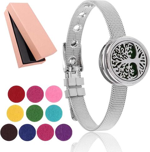 Essential Oil Diffuser Bracelet with Gift Box Aromatherapy Locket Adjustable Stainless Steel Flowers Watch Chain Bracelet with 10 Pcs Refill Pads for Women in Saudi Arabia