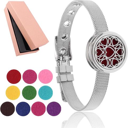 Essential Oil Diffuser Bracelet with Gift Box Aromatherapy Locket Adjustable Stainless Steel Flowers Watch Chain Bracelet with 10 Pcs Refill Pads for Women in Saudi Arabia