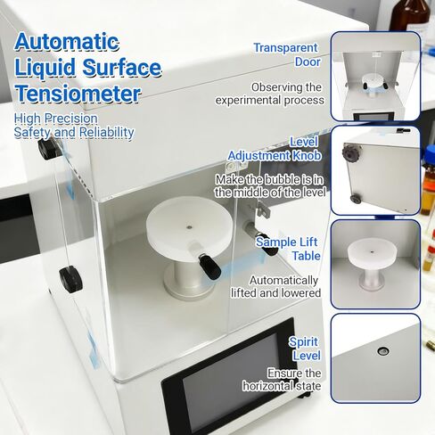 Automatic Liquid Surface Tensiometer 0-1000mN/m, 0.01mN/m Precision Dual Test Methods-Du Nouy Ring & Wilhelmy Plate, 4.3" Touch Screen, Data Storage/Print for Lab/Industry/Food Testing 110V in Kuwait