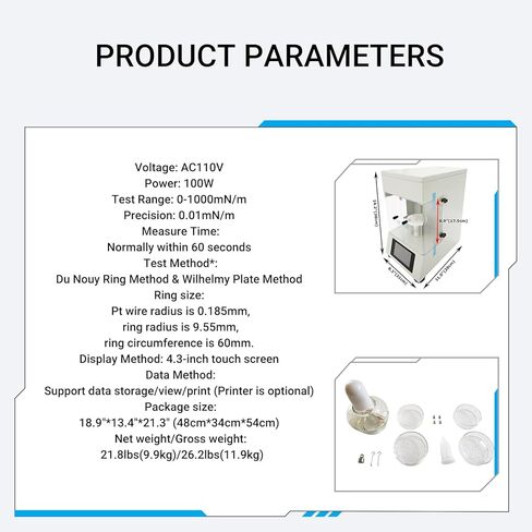 Automatic Liquid Surface Tensiometer 0-1000mN/m, 0.01mN/m Precision Dual Test Methods-Du Nouy Ring & Wilhelmy Plate, 4.3" Touch Screen, Data Storage/Print for Lab/Industry/Food Testing 110V in Kuwait