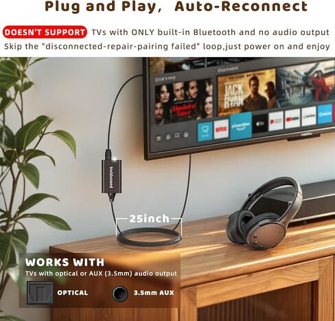 Holdsound Wireless Headphones for TV Watching - BKM600 Wireless TV Headphones with Bluetooth USB Transmitter(Optical, AUX, RCA and USB Output), Plug and Play, Enhanced Volume, Lightweight in Kuwait