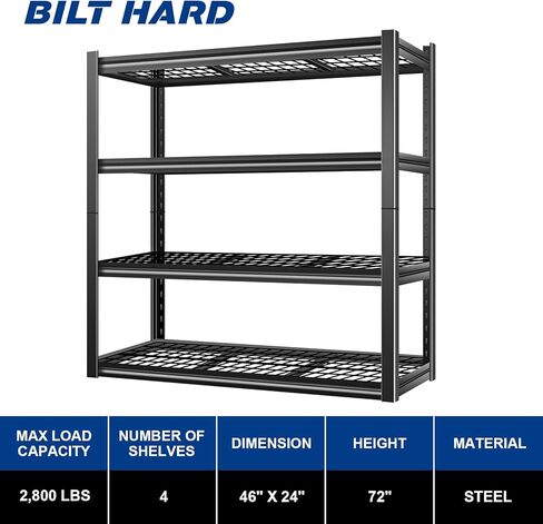 أرفف تخزين المرآب المعدنية ذات 4 طبقات من BILT HARD، مقاس 46 بوصة عرض × 24 بوصة عمق × 72 بوصة ارتفاع، رفوف جراج صناعية شديدة التحمل مع رف قابل للتعديل، أرفف مرافق فولاذية للمستودع، ورشة عمل، الطابق السفلي in Kuwait