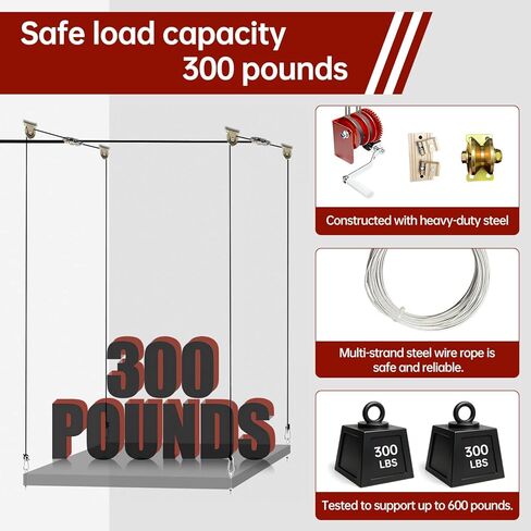 Heavy Duty Overhead Garage Storage Pulley Lift System, 300LBS Load Capacity, Ceiling Mounted Rack with Adjustable Height, for Bikes, Boxes and Bins, Home Garage Organization Not Include Racks in Saudi Arabia